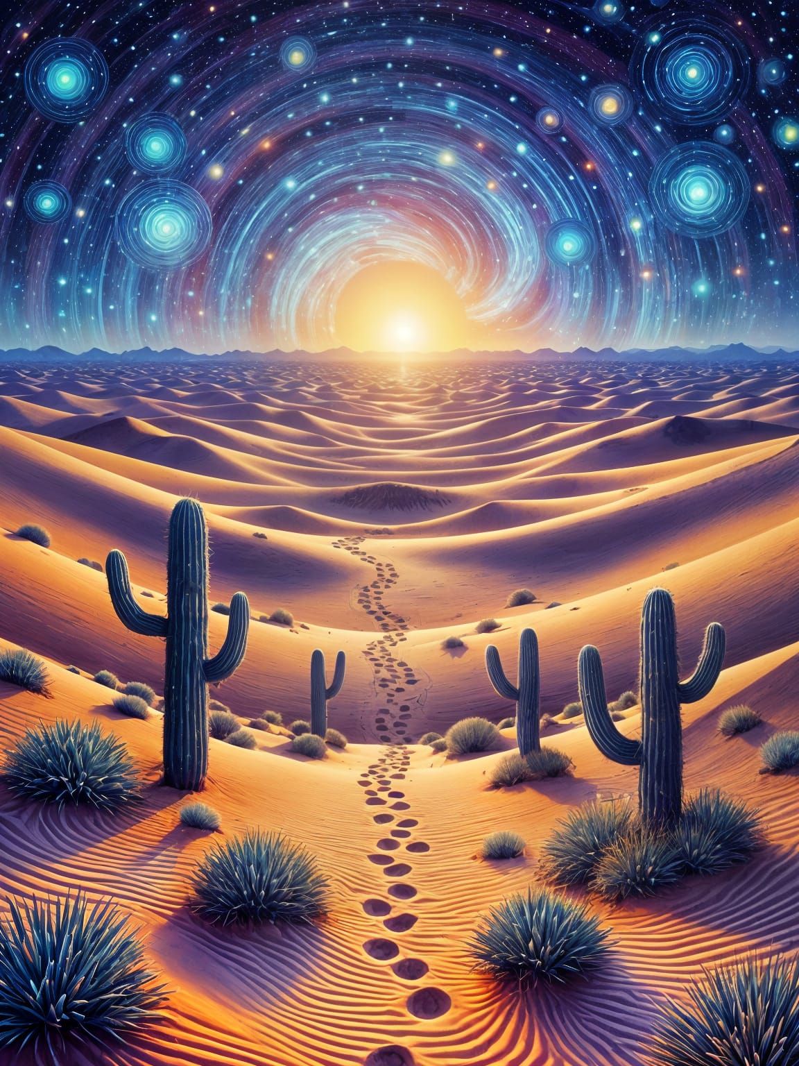 Vibrant Psychedelic Desert Landscape with Oasis