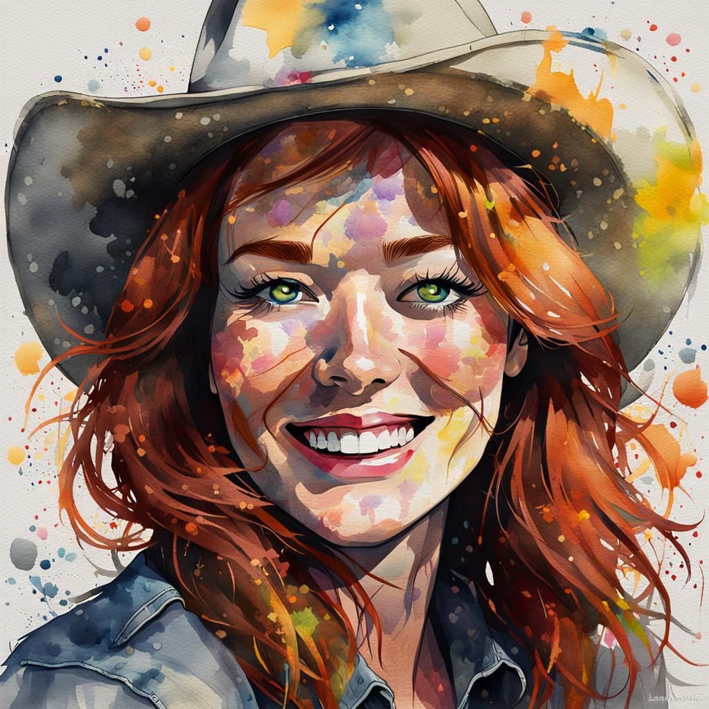 Radiant Freckled Woman in Cowboy Hat, Expressive Brushstroke...