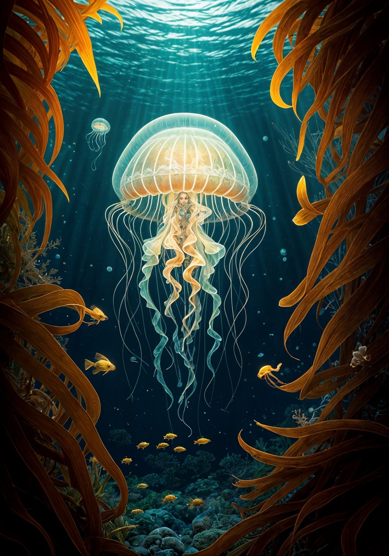 Ethereal Bioluminescent Jellyfish Illuminates Kelp Forest