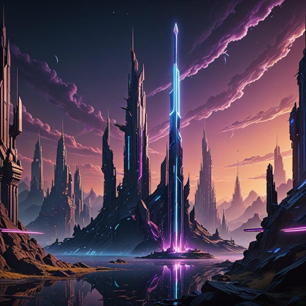 Sword of the Neon Future in a Cyberpunk Landscape