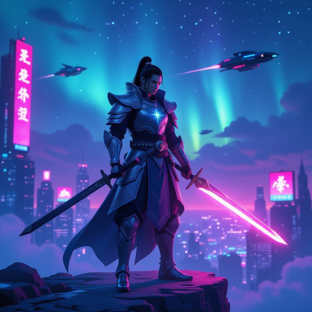 Celestial Warrior in Cyberpunk Cityscape