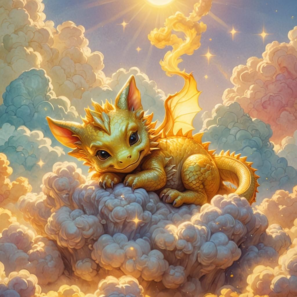 Whimsical Yellow Dragon on Golden Cloud