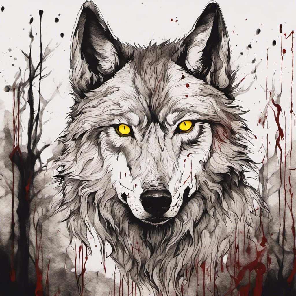 Monochromatic Ink Drawing of a Bloody Wolf