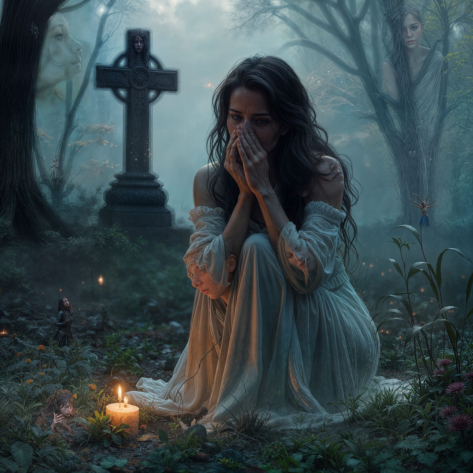 Sad Woman Crying at Grave in Detailed Painting