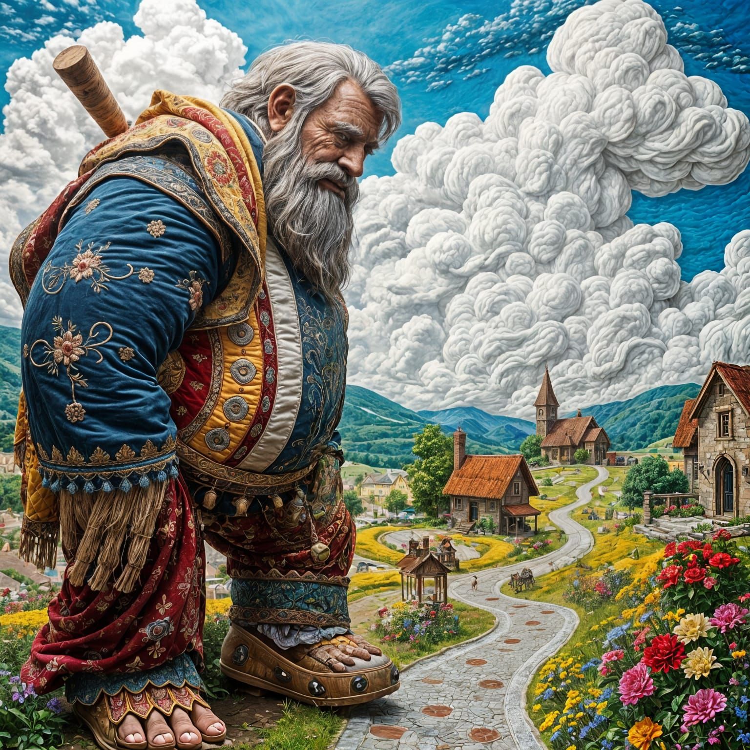 Surreal Fantasy Landscape with Giant Made of Textiles