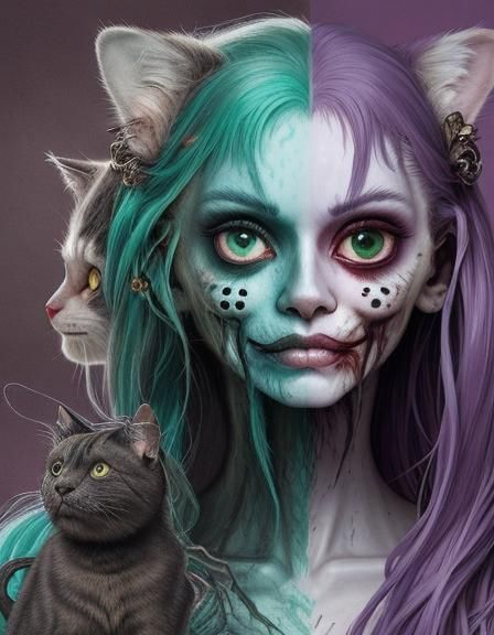 Two-Faced Cat-Girl: Chaotic Amalgamation Portrait