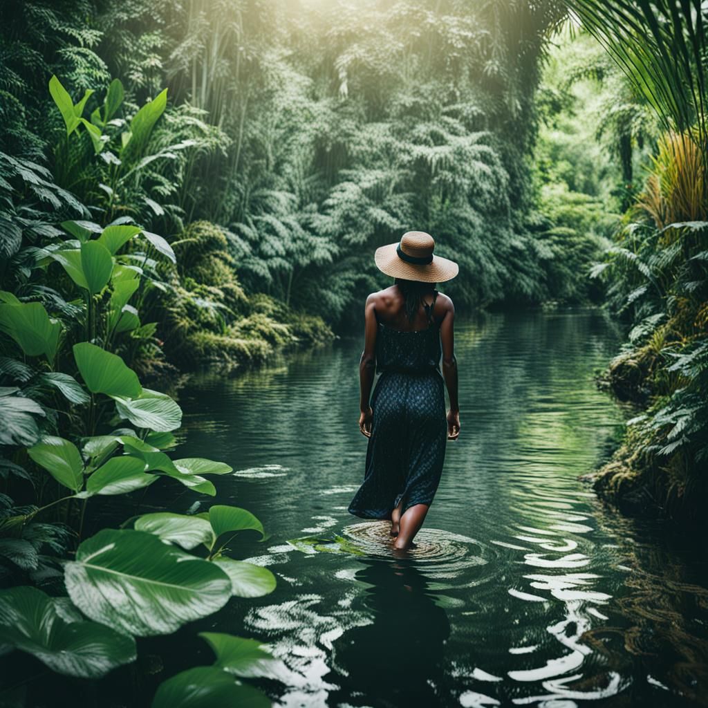 Woman in Jungle Landscape with Water