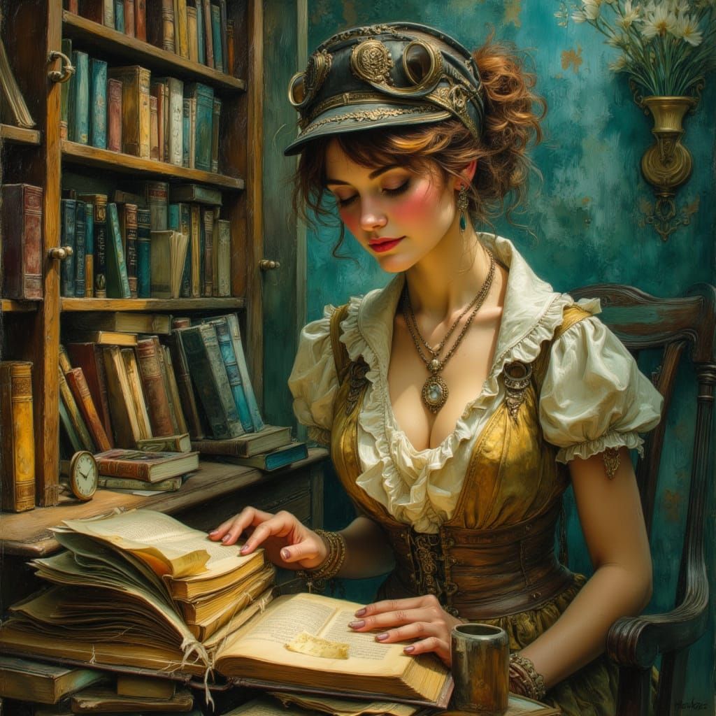 Steampunk Librarian Organizing Ancient Tomes in Golden Light