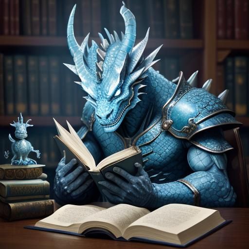 Ice Dragon Studies Magic Spells in Library