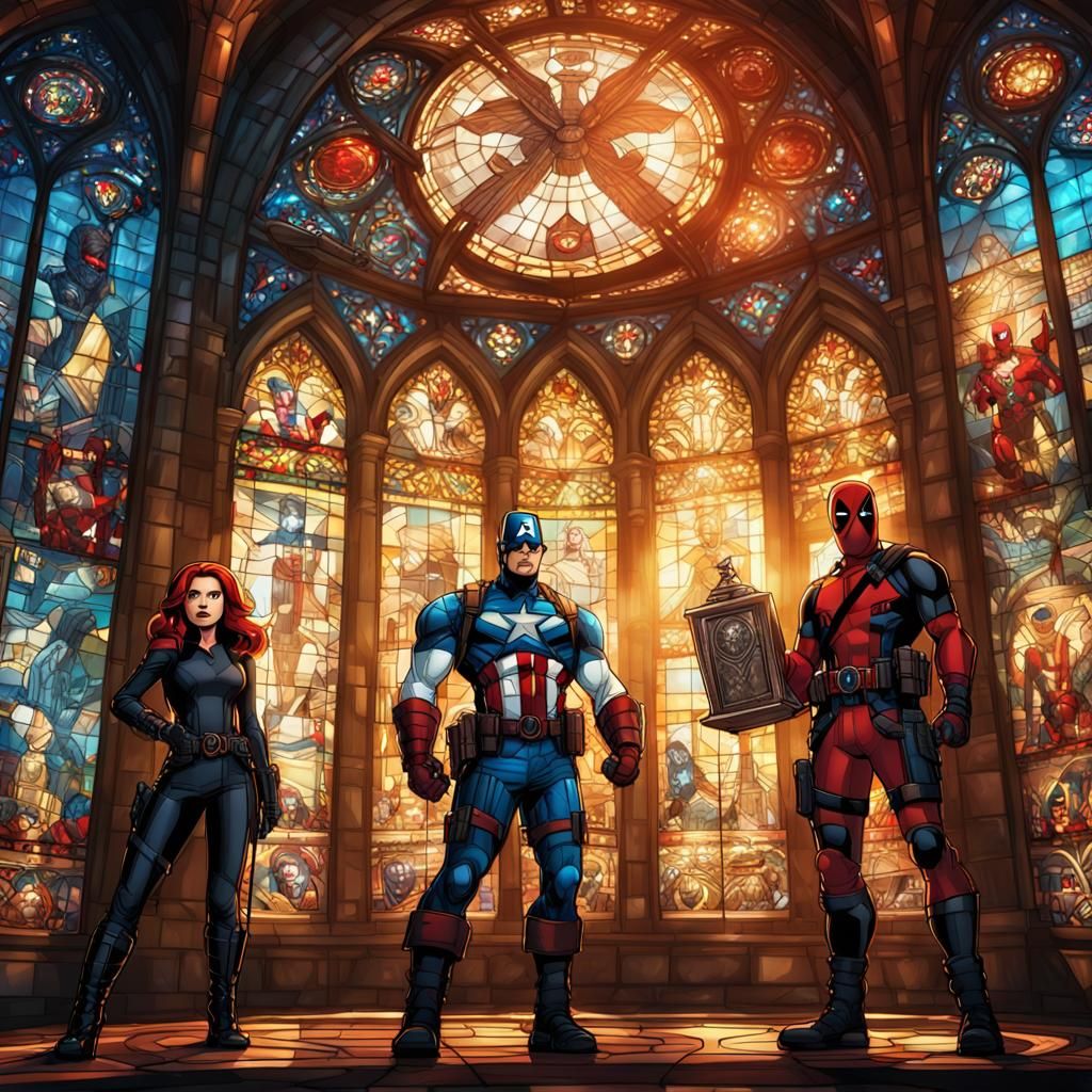 Marvel Heroes in Stained Glass Castle, Fantasy Art