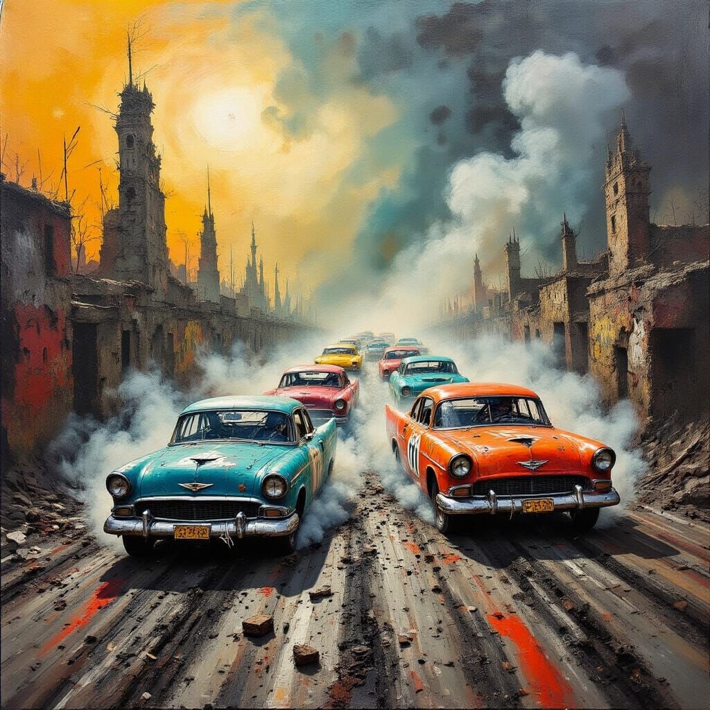 Vintage Car Race in Giger and Beksinski Style