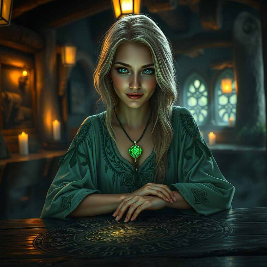 Nordic Goddess Contemplates Runes in Mystic Tavern