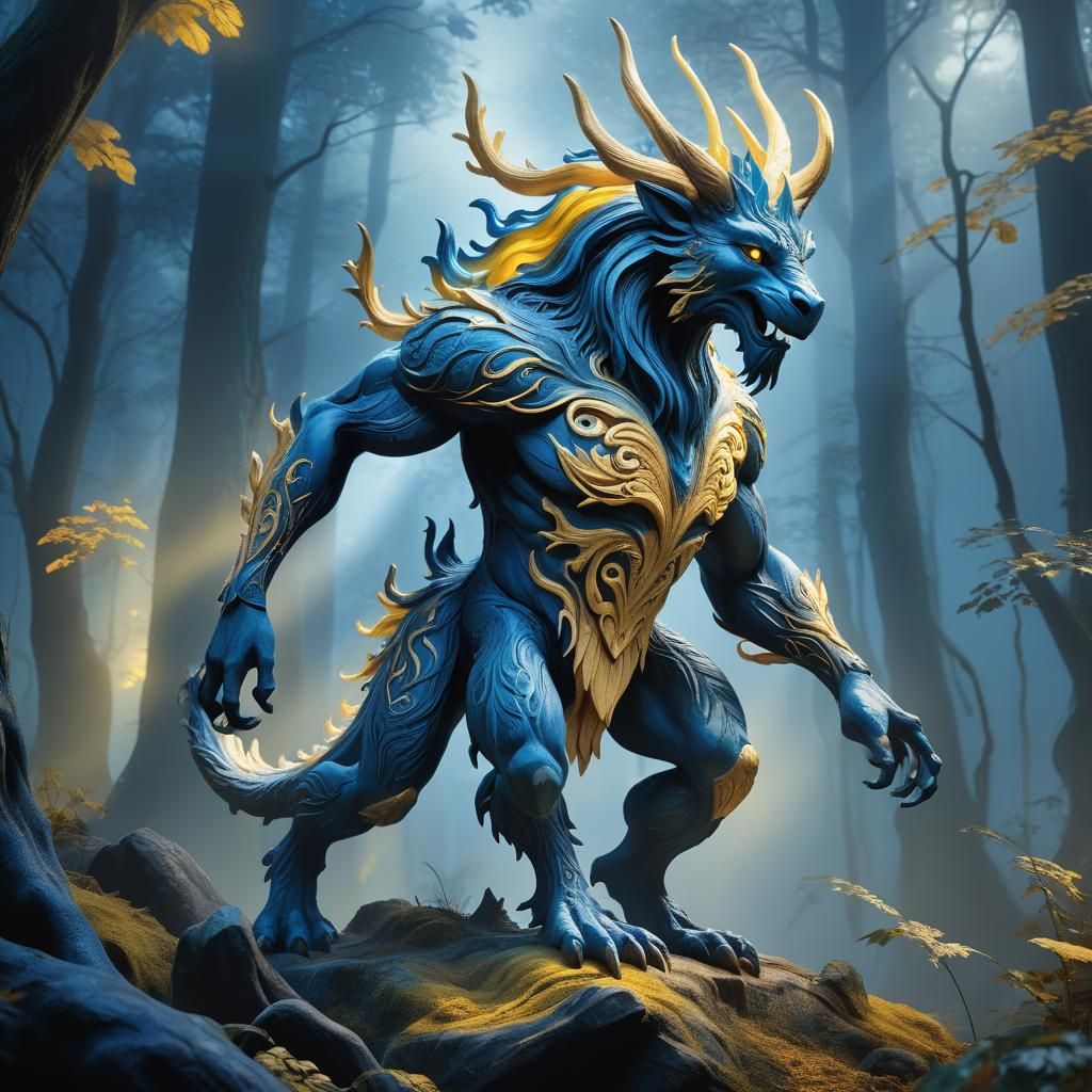 Mystical Woodcarving in Misty Forest, Fantasy Art