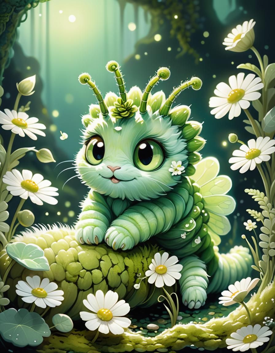 Dreamlike Caterpillar with Ethereal Flower Illustration