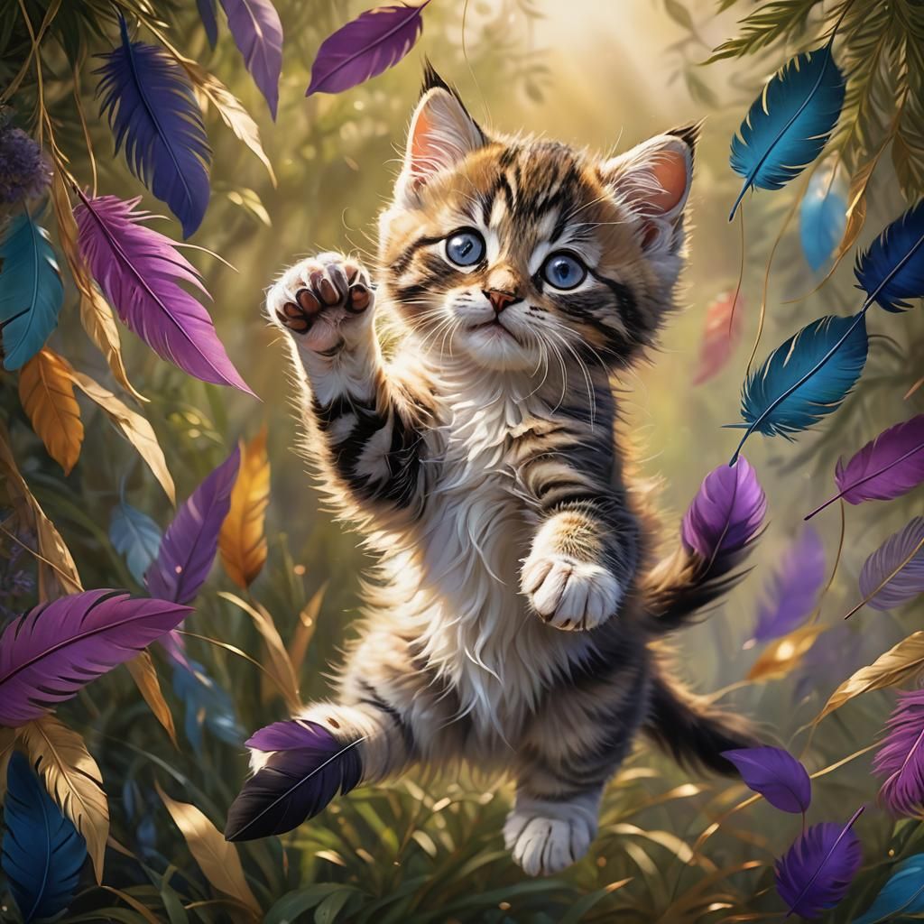 Kitten's Delight: A Digital Painting in Golden Light
