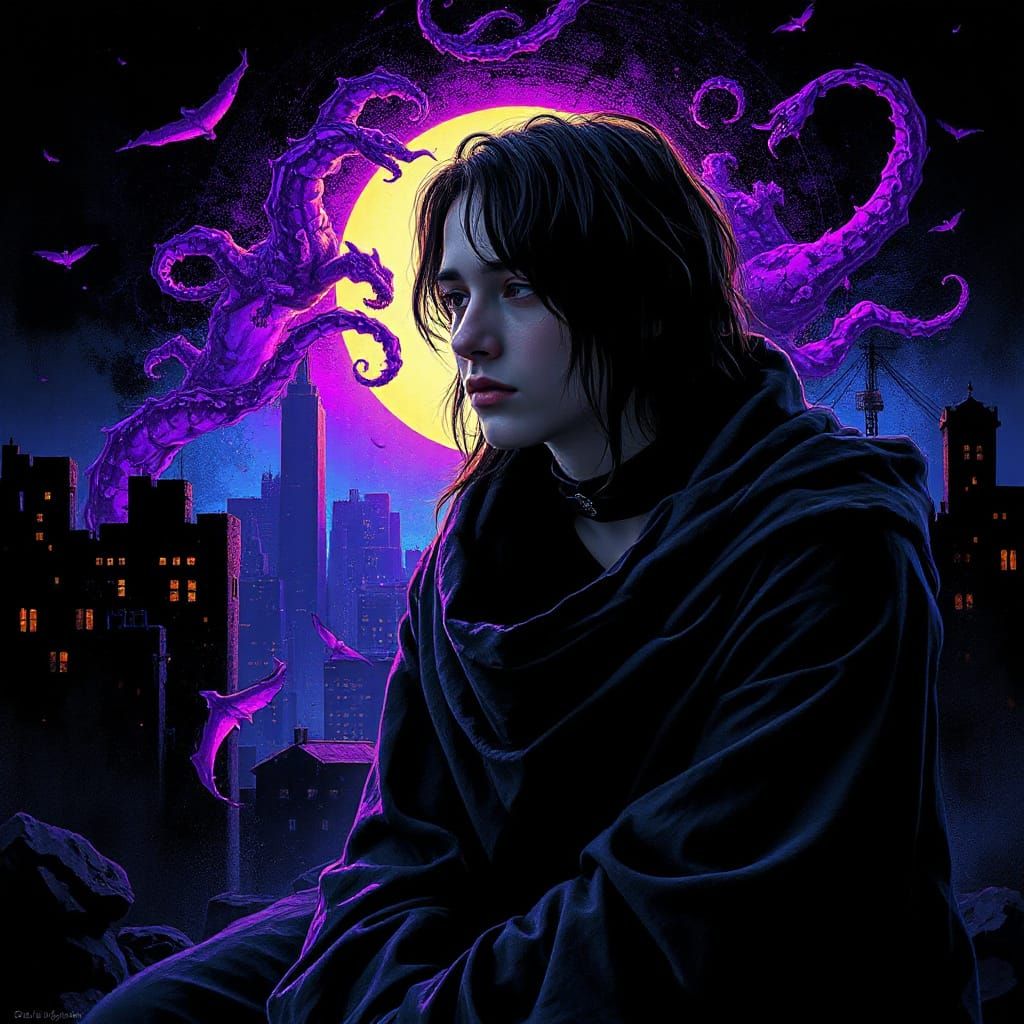 Goth Man in Cyberpunk City at Bioluminescent Sunset