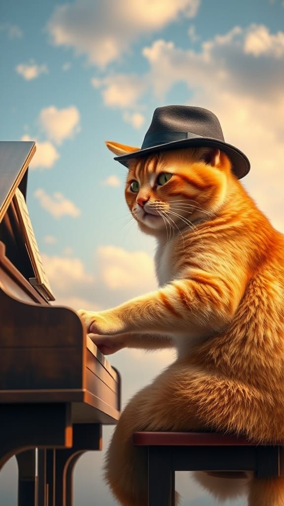 Ginger Cat Plays Piano in the Sky