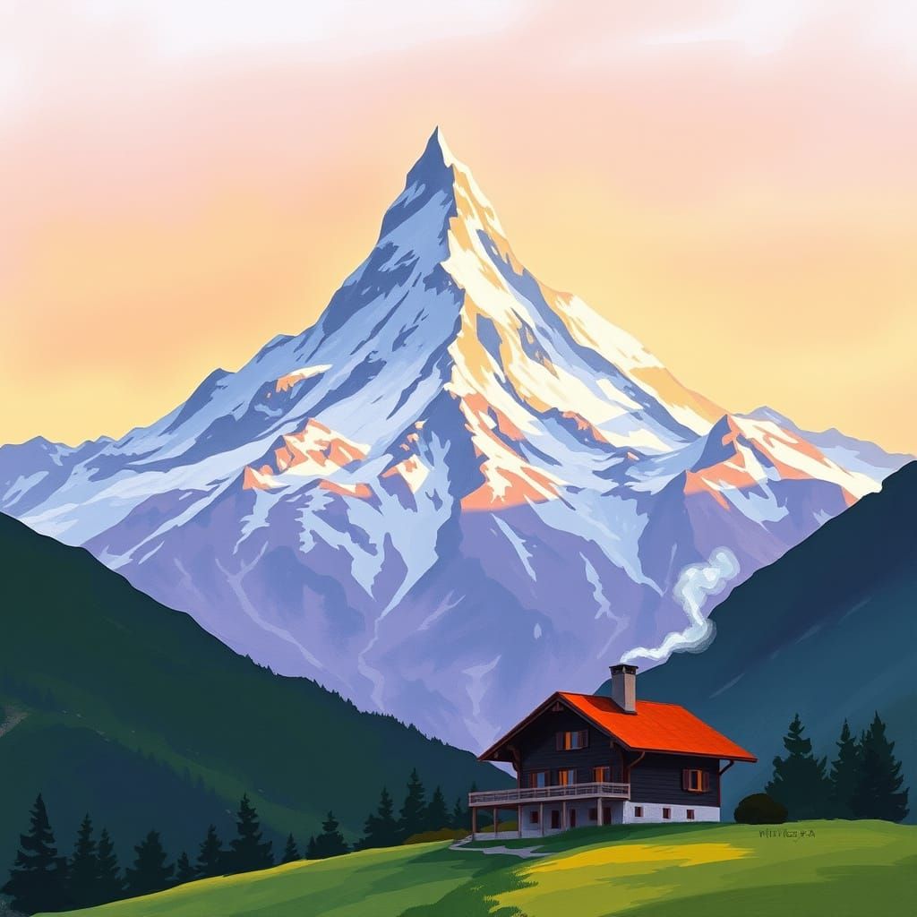Majestic Swiss Alps Peak with Chalet at Sunset, Impressionis...