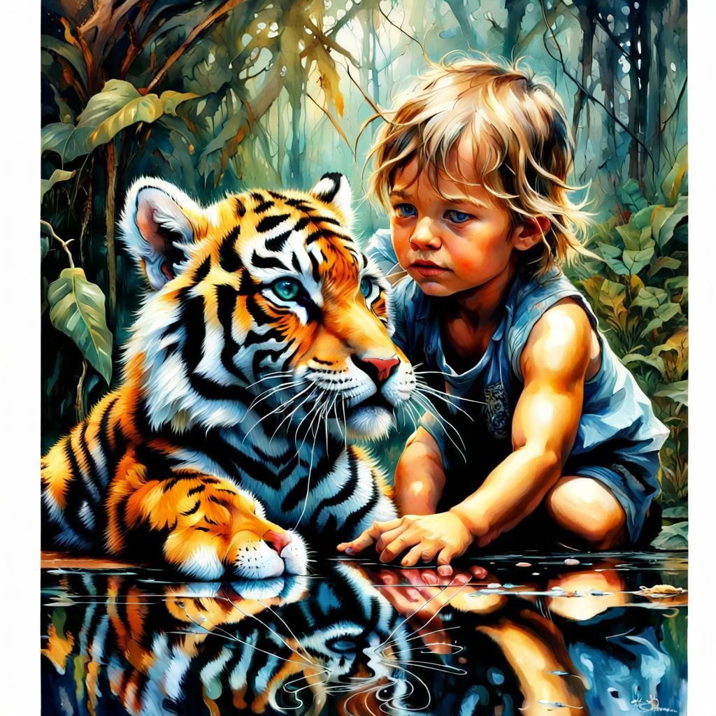 Tiger Cub and Reflection in Dark Fantasy Puzzle