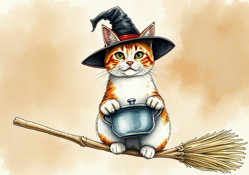 Cat in Witch Hat with Broomstick, Ink Illustration