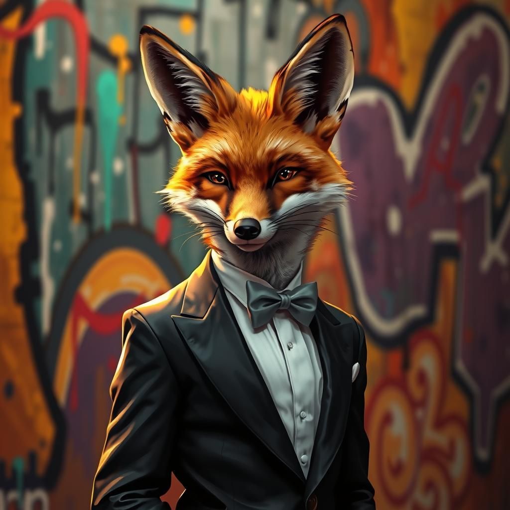 Fox in Tuxedo Amidst Urban Graffiti Art