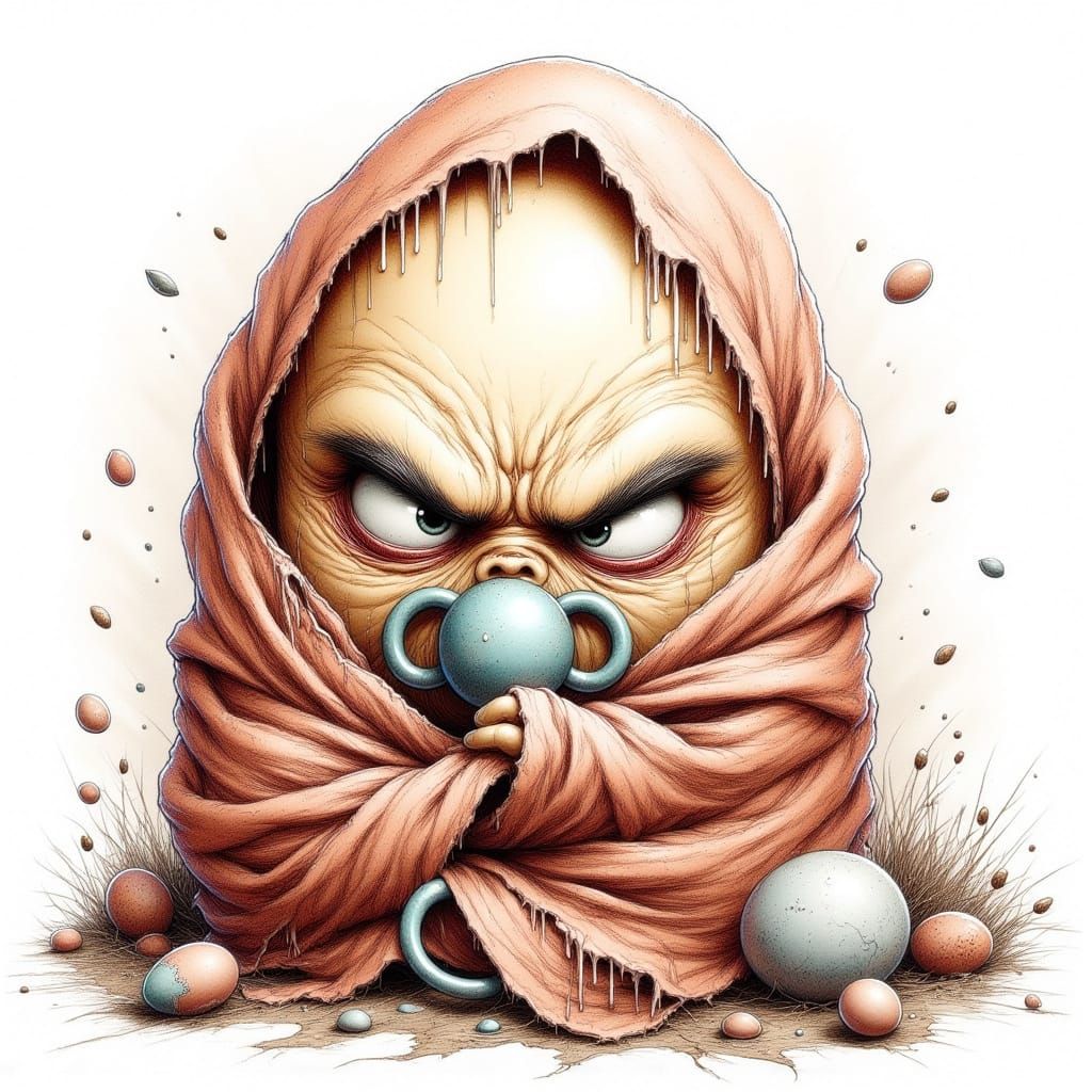 Furious Newborn Egg in Detailed Ink Crosshatching Style