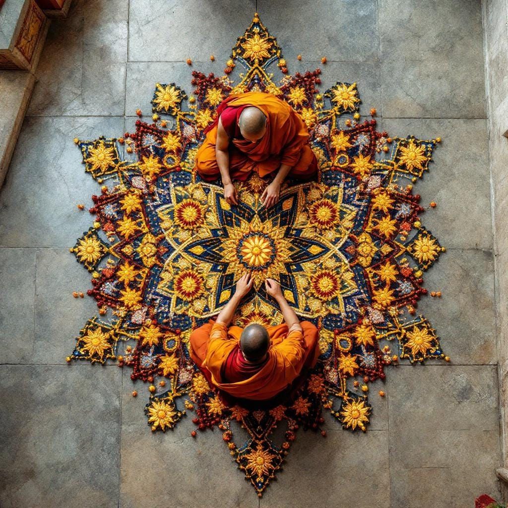 Lama Creates Intricate Beadwork in Nepal Temple