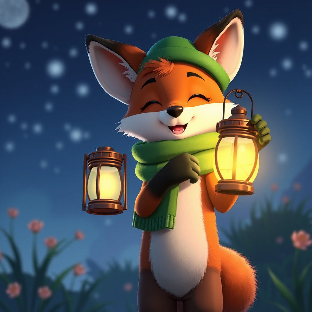 Cartoon Fox with Lantern in Anime Style