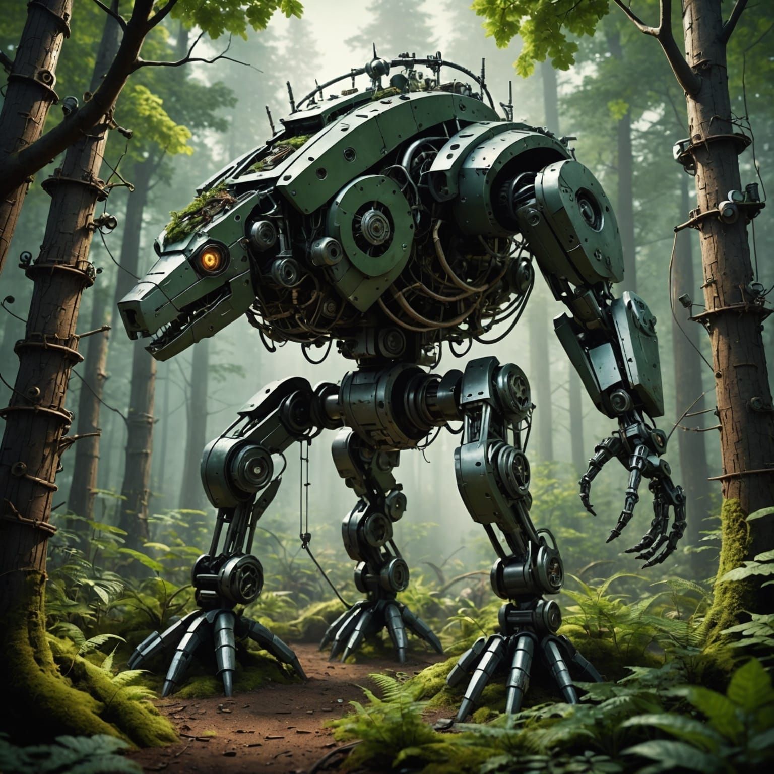Mechanical Forest with Robot Animals in Detailed Matte Paint...