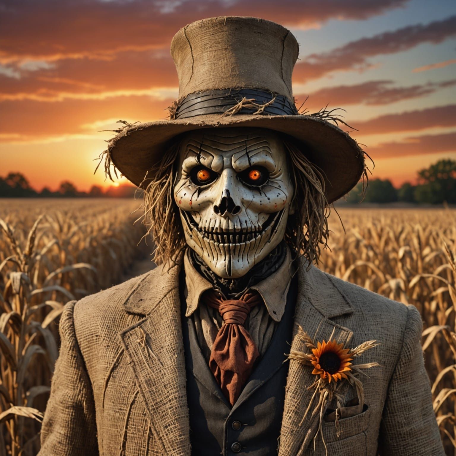 Menacing Scarecrow in Eerie Sunset Cornfield