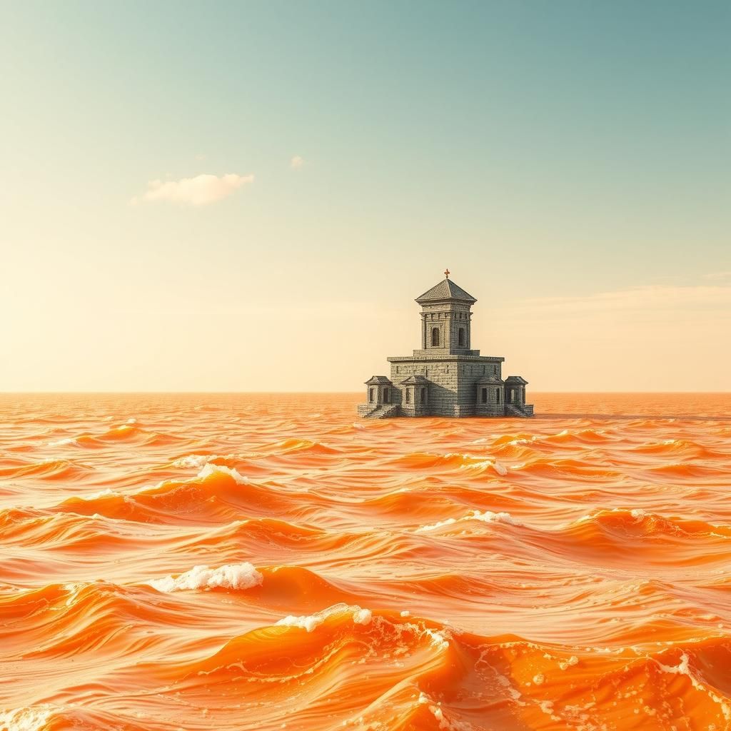 Ancient Tower in Fizzy Orange Ocean