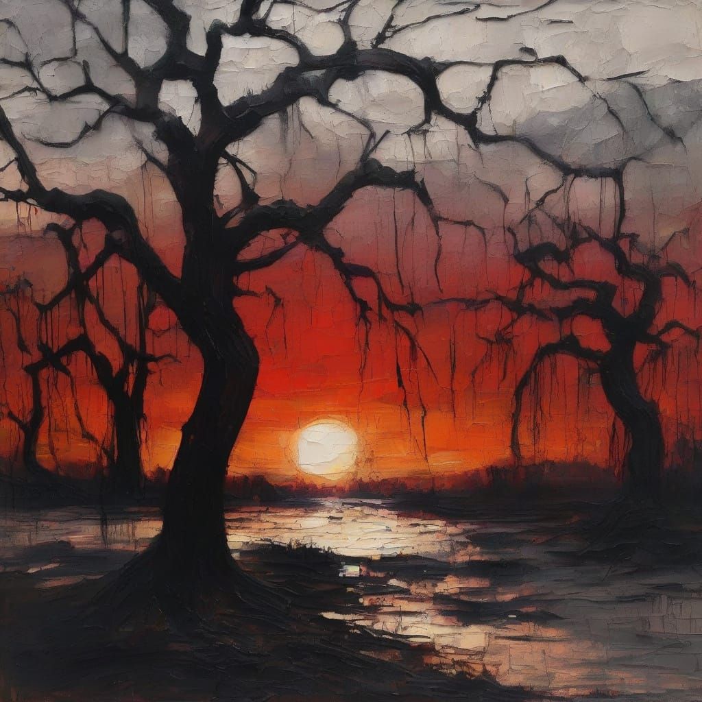 Weeping Willow with Mysterious Creatures in Impasto Style