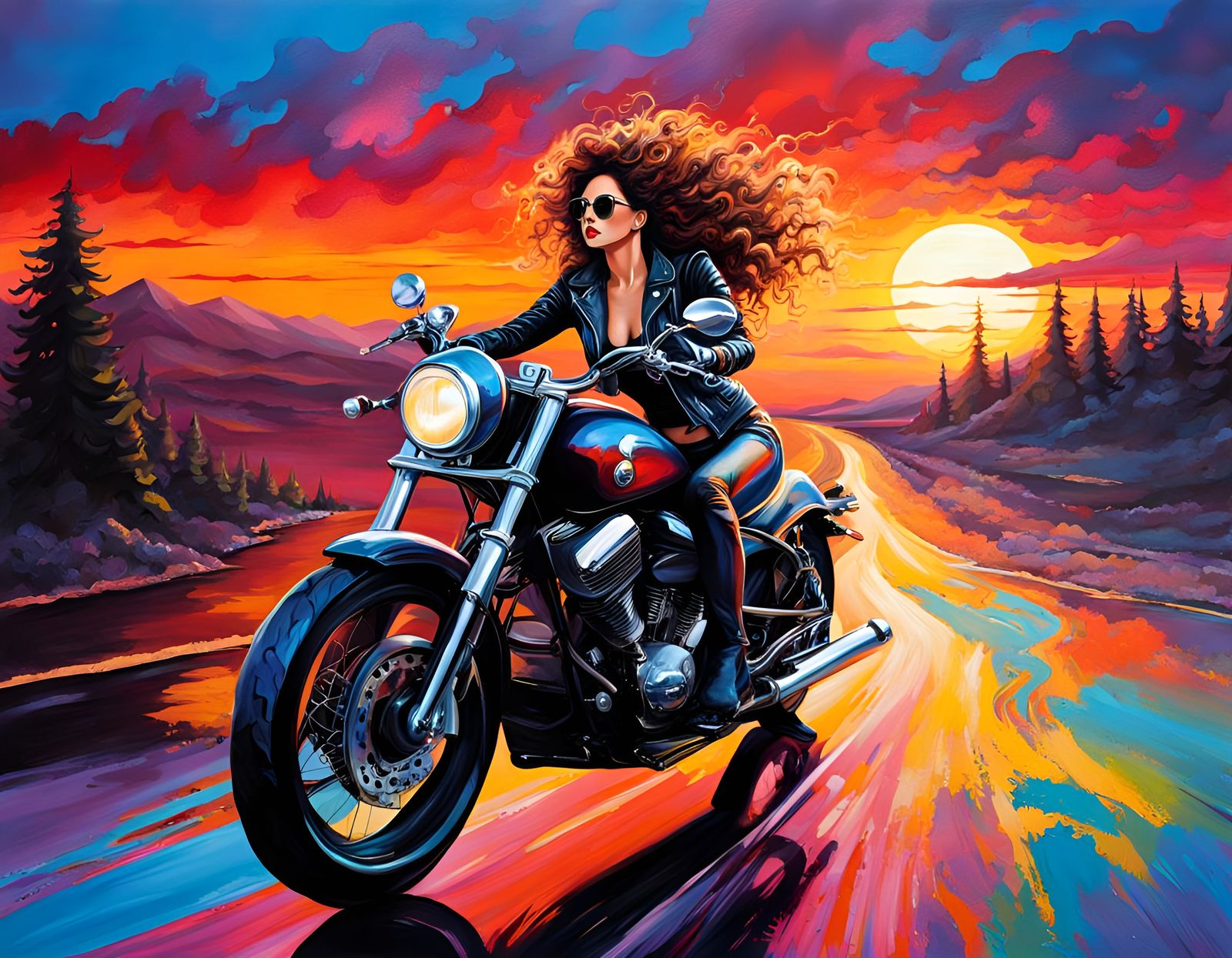 Biker Woman in Sunset Fantasy, Splash Art Style