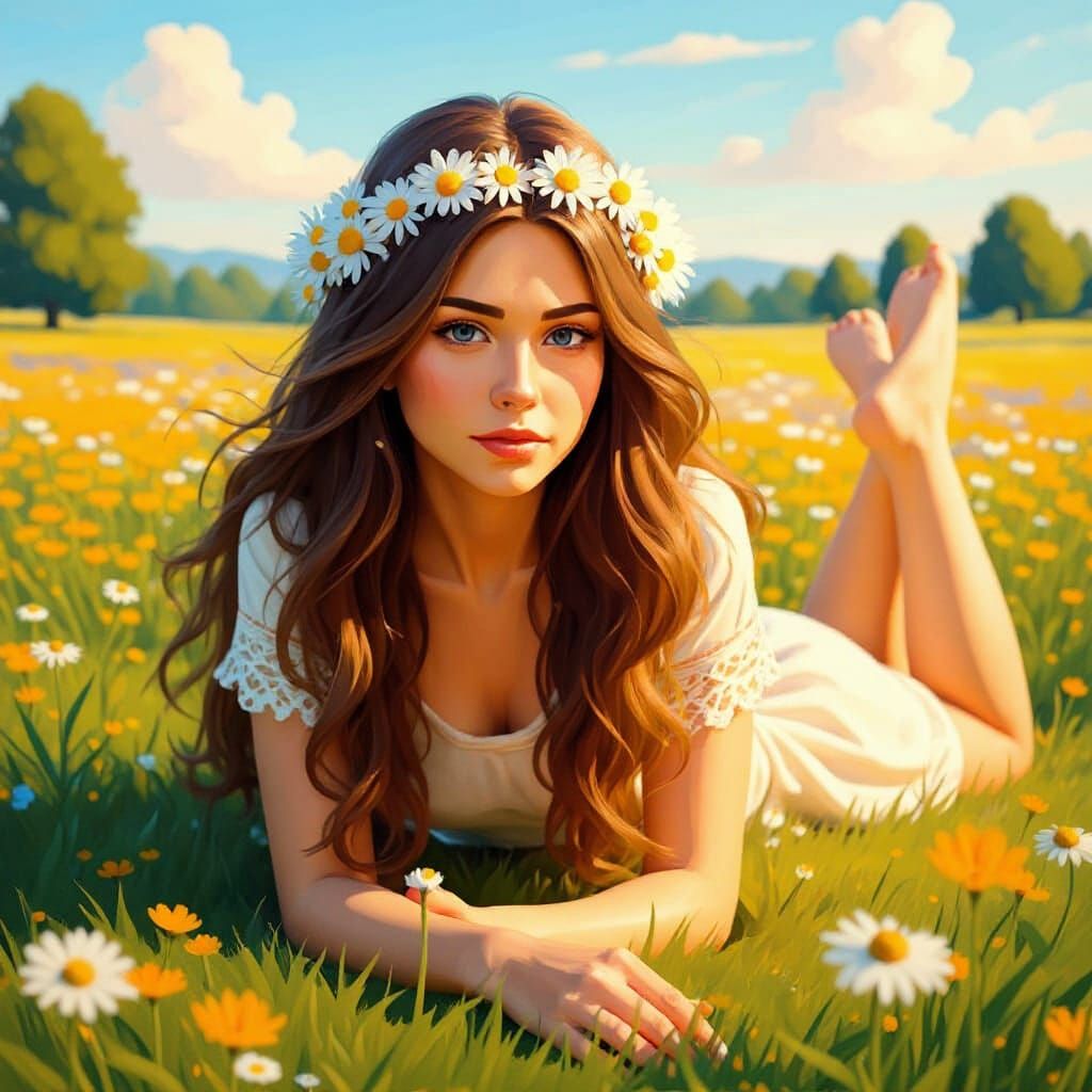 Woman in Summer Field, Watercolor Style 3D Graphics