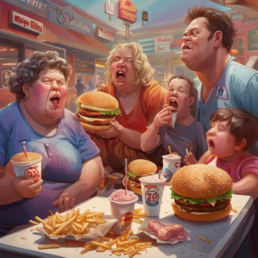 Hyperrealistic Obese Family Feast: Fast Food Splash Art