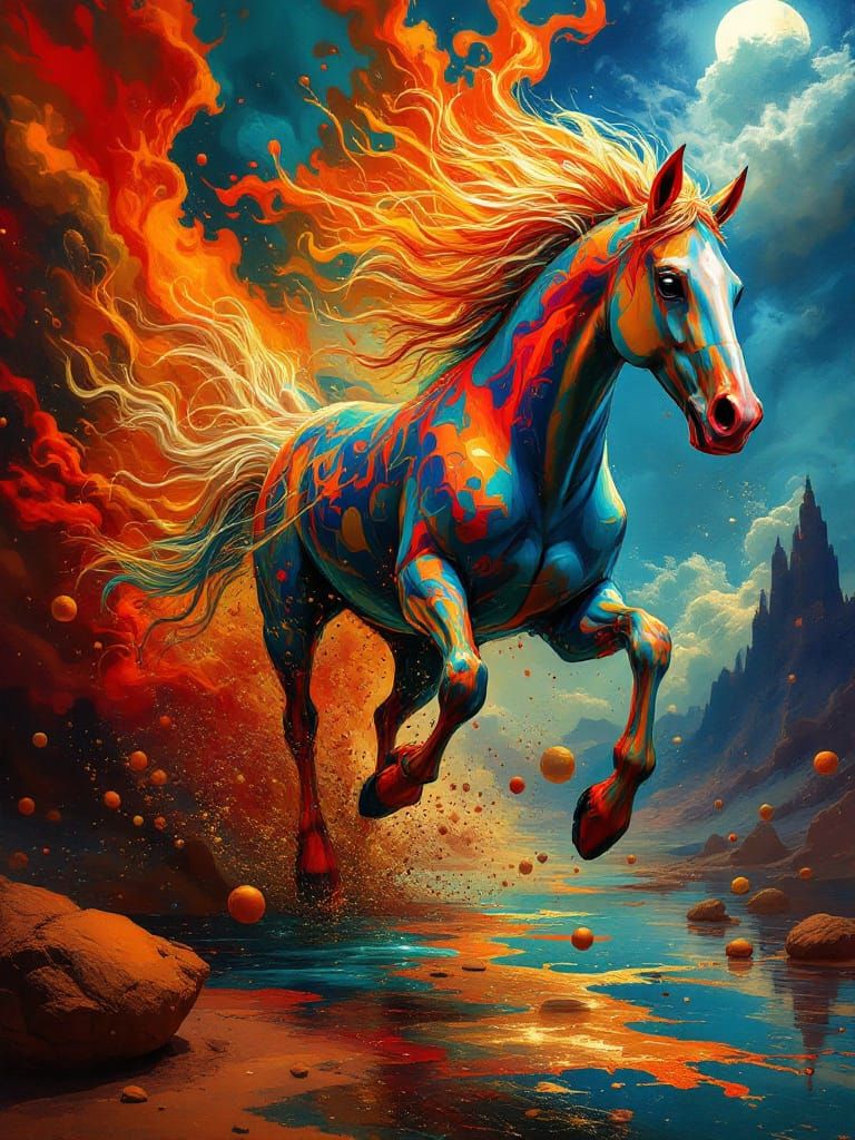 Surreal Horse Runs on Mirrored Shoreline in Fiery Hues