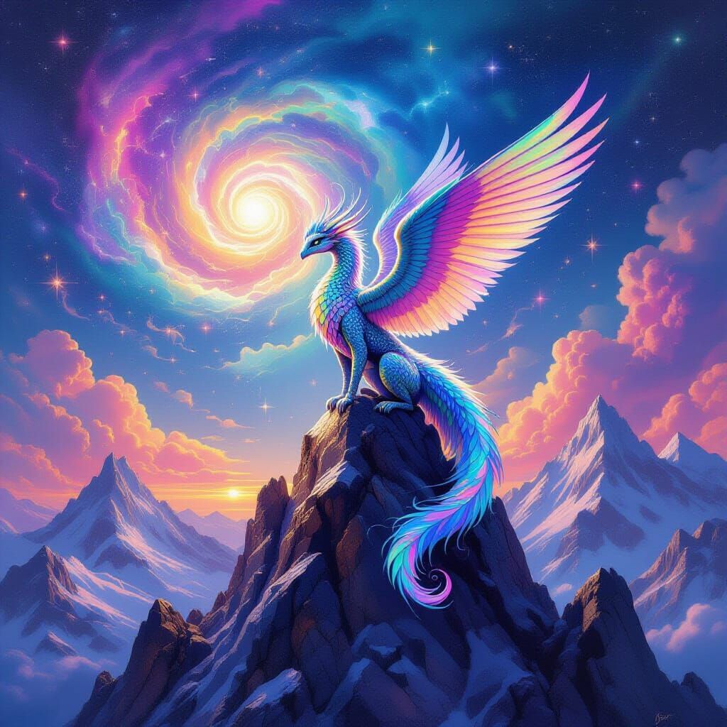 Fantastical Dragon on Crystal Mountain in Nebula Sky