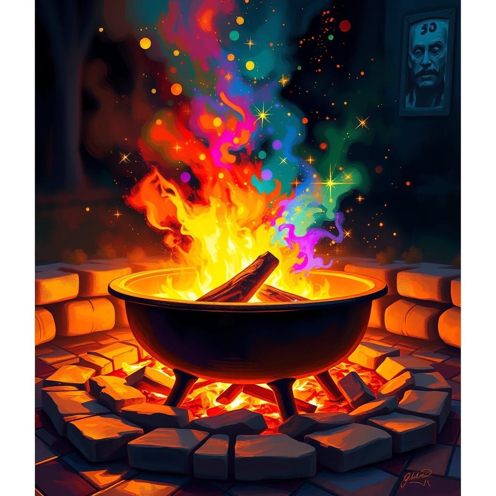 Magical Fire Pit with Rainbow Sparkles in Painterly Style