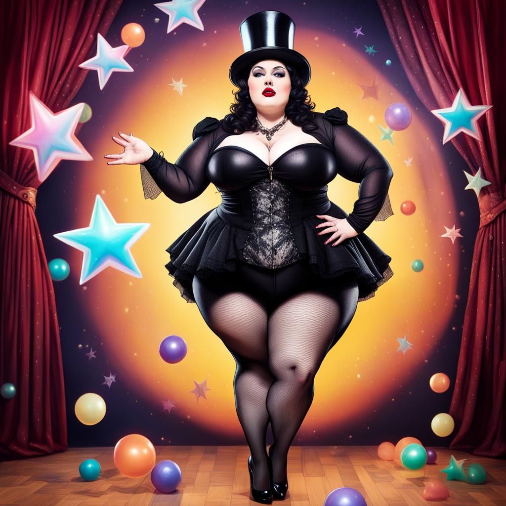 Goth Pin-Up Magician Casting Spell with Rainbow Stars