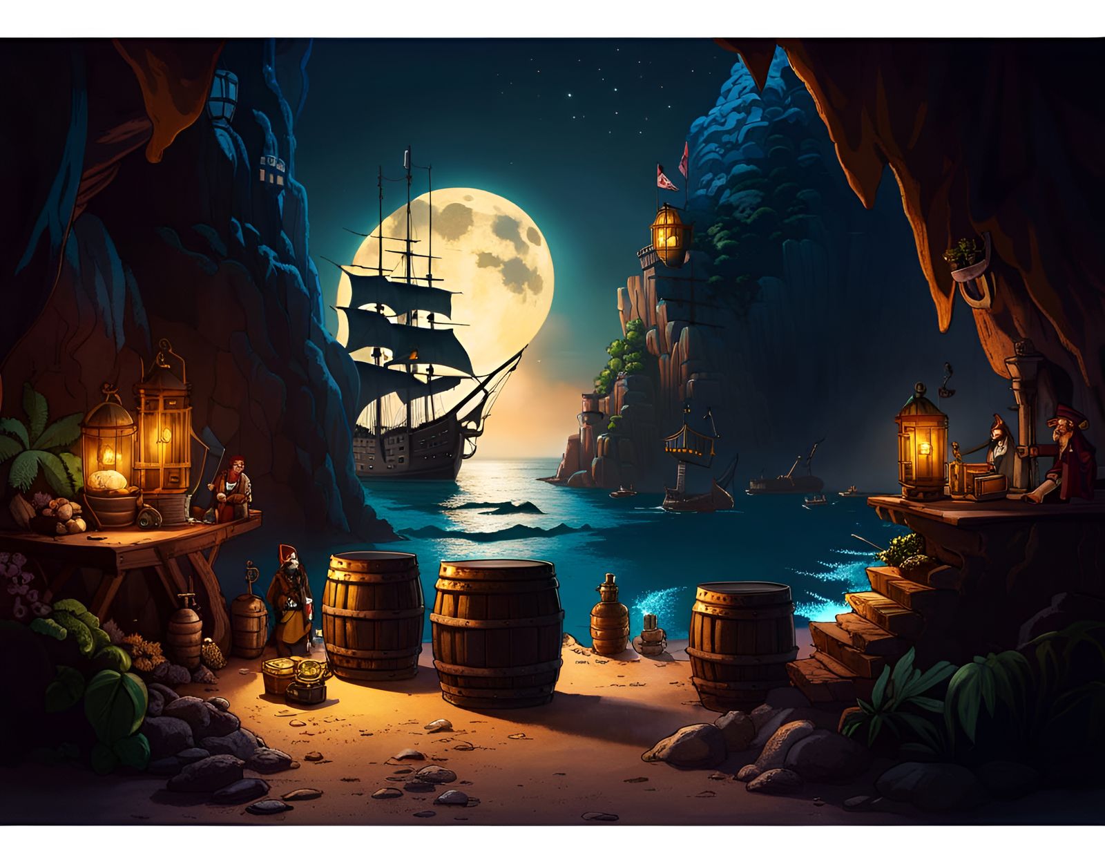 Moonlit Pirate Hideout with Treasure: Matte Painting