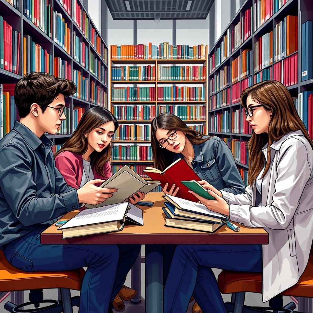 University Students Discussing Law Case in Library