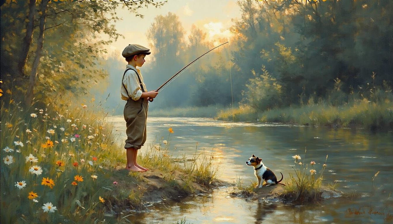 Boy Fishing with Dog, Waterhouse-Inspired Oil Painting