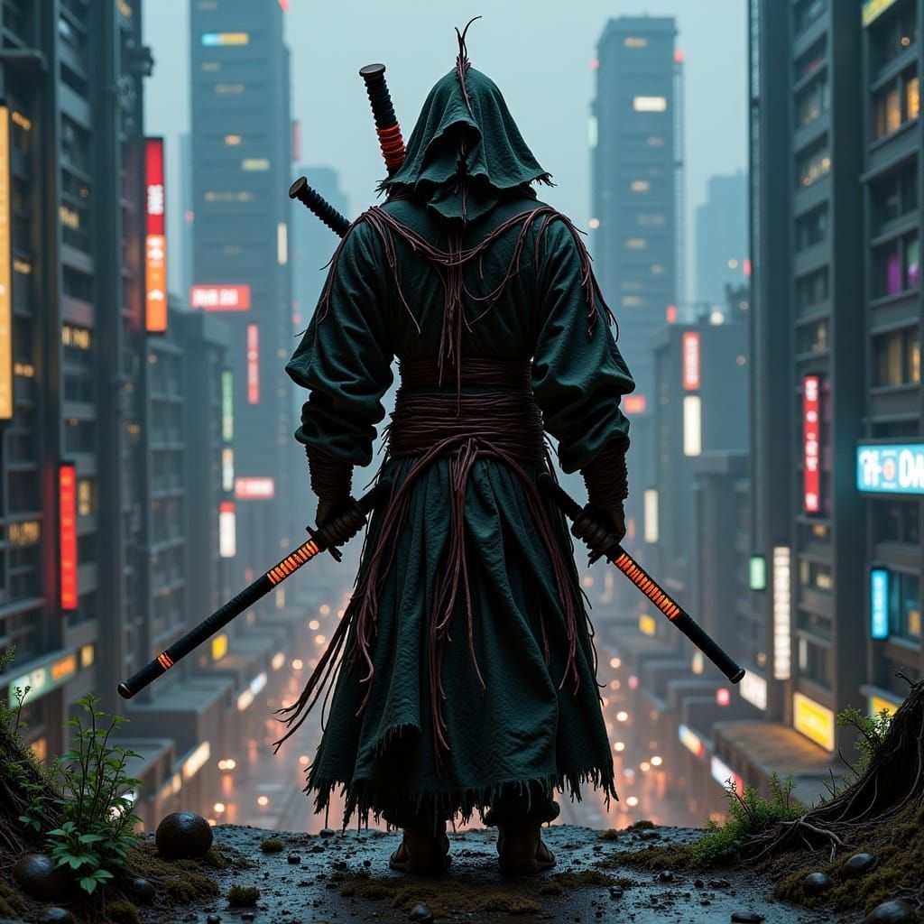 Cyberpunk Samurai on Neon Rooftop with Katana