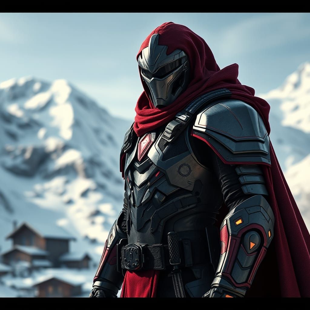 Cyberpunk Space Knight on Snowy Outpost