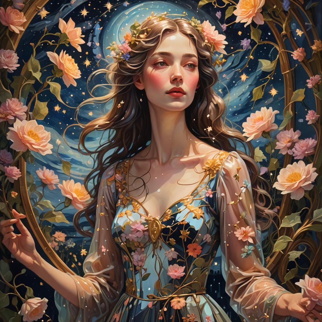 Surreal Woman and Starry Night Mirror Reflection