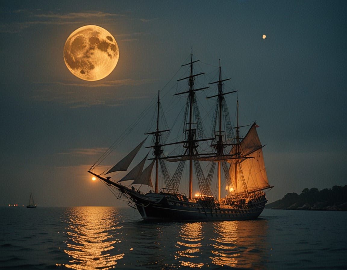 Mystical Wooden Ship Silhouetted by Harvest Moon
