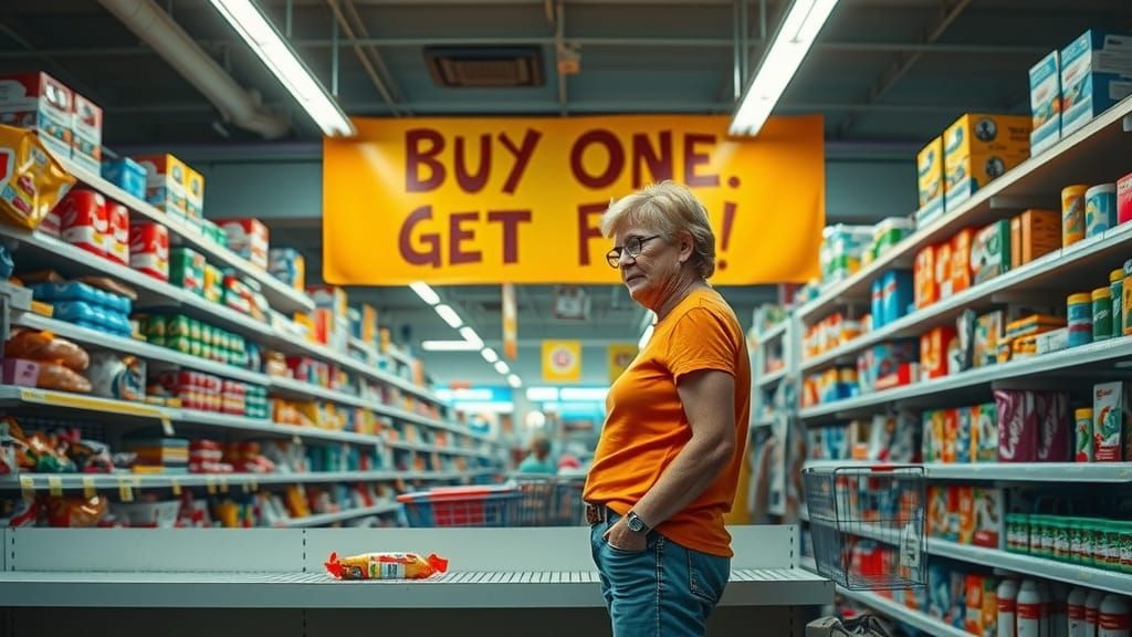 Disappointed Customer at Discount Shop in Photorealism Style