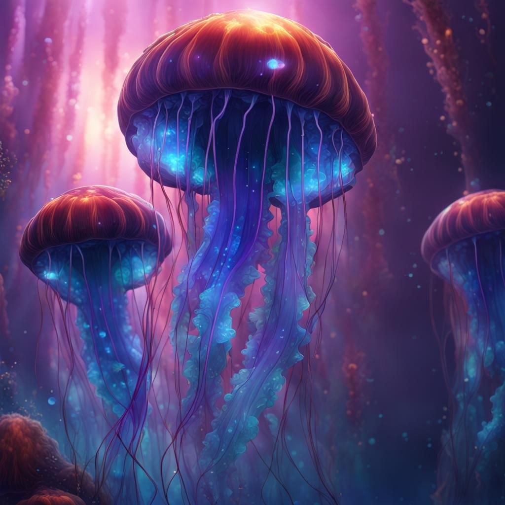 Bioluminescent Crystal Jellyfish: Detailed Matte Painting