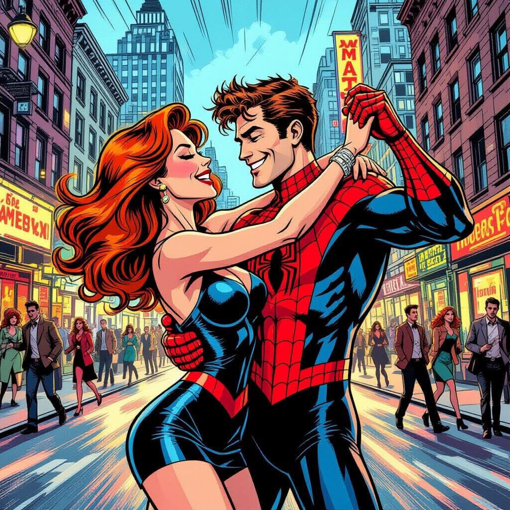 Spider-Man and Mary Jane Dancing in Manhattan Comic Art
