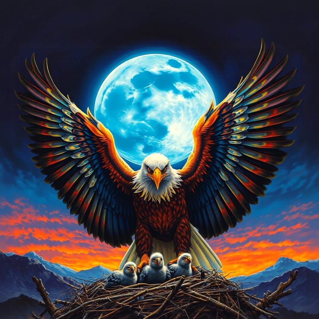 Majestic Eagle Protecting Hatchlings Under Blue Moon
